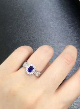 左右美饰银镶天然4*6蓝宝石戒指