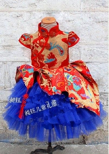 中国风女童改良旗袍龙图案礼服公主裙蓬蓬裙儿童主持人演出服装