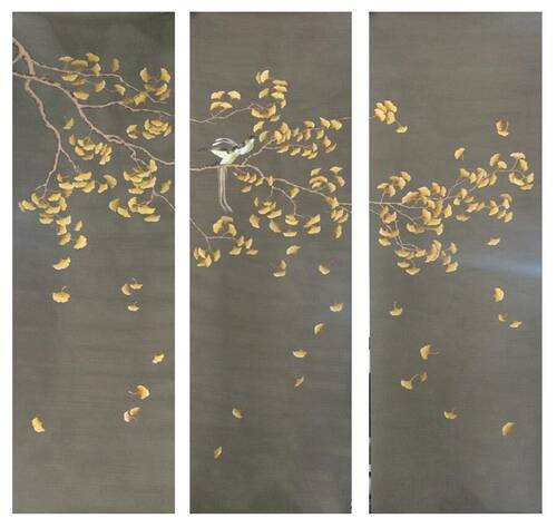 真丝新款书房婚房卧室色织双宫金粉银杏叶手绘丝绸壁布壁纸背景墙