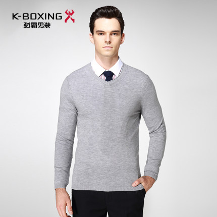 劲霸男士羊绒毛衫秋季纯色V领针织羊毛衫商务休闲针织衫