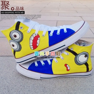我手绘鞋 DIY小黄人涂鸦帆布鞋 男女高帮鞋 神偷奶爸卑鄙 平底板鞋