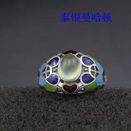 泰银925纯银手工原创设计进口正品珐琅天然绿葡萄石女戒指12.5-16
