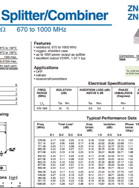 670-1000MHz 射频一分四功分器 代替 ZN4PD-920W Mini-Circuits
