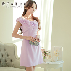 2015 summer dress big pink dolls new light purple inlay flower neck short sleeve dress