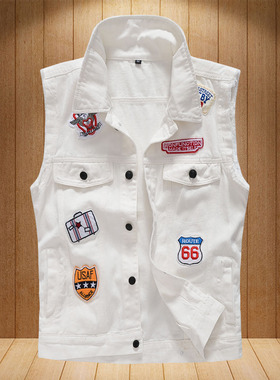 韩版潮牌男牛仔马甲贴标绣标休闲无袖白色潮流马夹大码坎肩背心