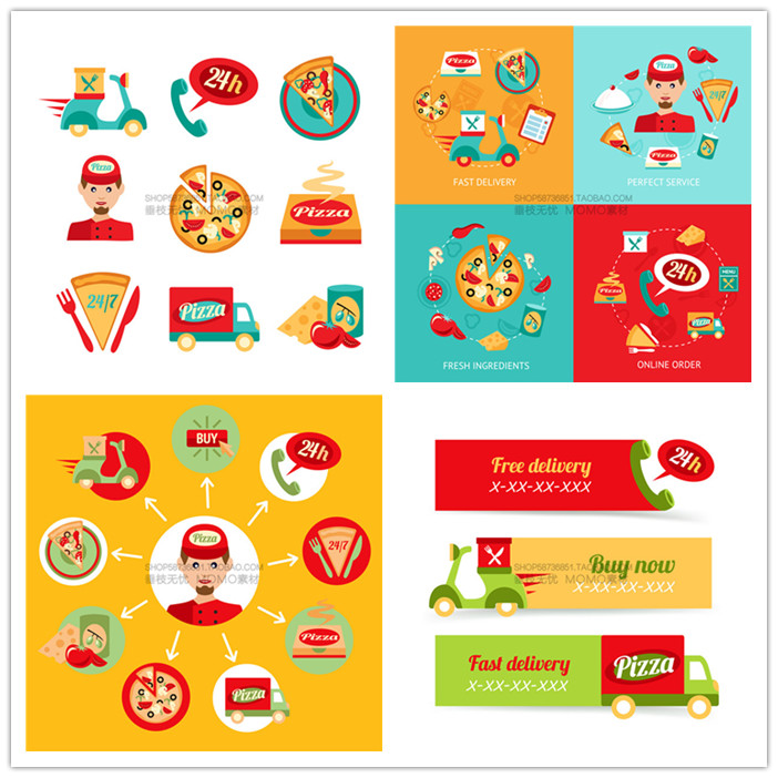 A2505矢量扁平化信息图人物送餐员披萨快餐宣传广告 AI设计素材