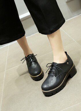 缺码处理 清仓 学院系带黑色灰色杏色粗跟厚底大码鞋  42 43 lly