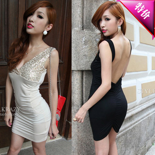 皇冠★性感欧美 低胸亮片拼接修身大露背连衣裙 明星款199