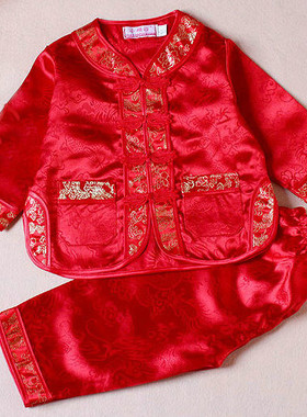 春夏季男童唐装 宝宝夏天长袖薄款衣服 婴儿唐装百岁周岁礼服红色