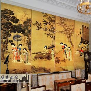 古风仕女图墙纸复古国画四联美人图壁纸中式美女墙布古代仕女背景