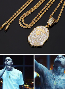 Hiphop Chain Chris Brown同款手工镶钻猿人头吊坠嘻哈项链配饰品