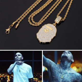 Hiphop Chain Chris Brown同款手工镶钻猿人头吊坠嘻哈项链配饰品