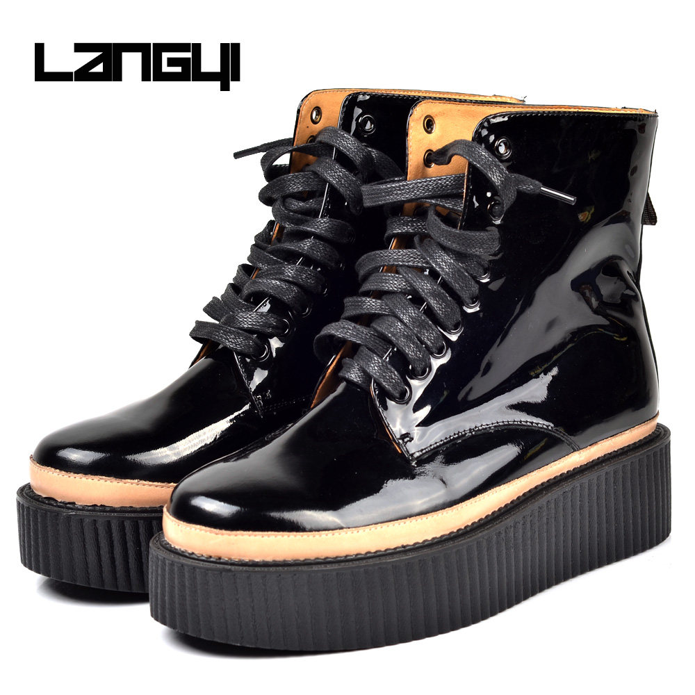 走秀款秋冬厚底短靴男漆皮拼色欧美街头潮男松糕短靴高帮松糕鞋男