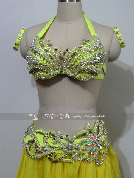 重工肚皮舞演出服 表演服 套装 沙漠之舞订制 黄色 大摆裙款