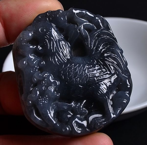 56201玉琳阁实物拍缅甸玉天然a货翡翠乌鸡种翡翠生肖鸡吊坠送证