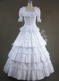 白色长款全棉lolita洛丽塔修身连衣裙洋装送裙撑