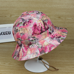 hakuzu日系复古遮阳帽女士春夏盆帽印花民族风帽子太阳帽布帽遮阳