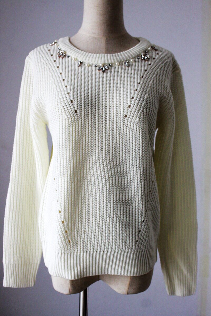 手工订珠女士甜美风麻花镶钻毛衣