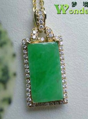 天然A货冰糯种满绿底飘翠绿色翡翠方牌吊坠项链18K金镶玉珠宝现货
