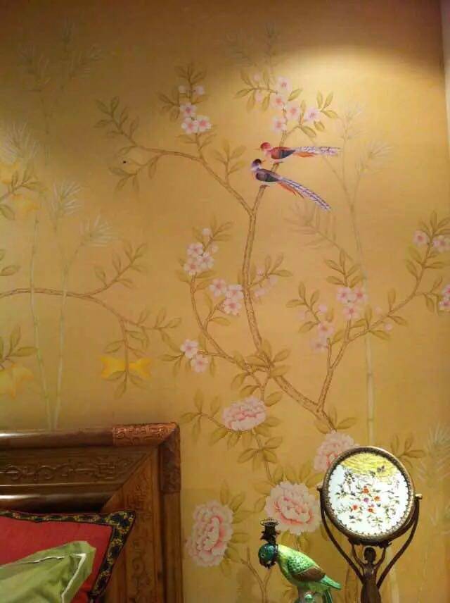 酒店公寓高定真丝手绘墙布土黄色真丝手绘丝绸墙布壁画
