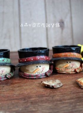 外贸美式乡村雪人彩绘树脂仿木雕刻复古做旧圣诞烛台家居装饰摆件