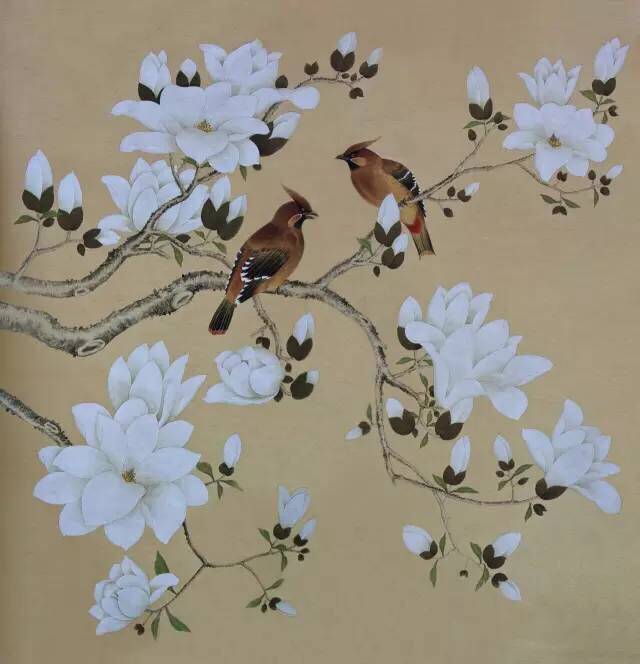 仿古真丝双宫手绘丝绸墙纸壁画壁布花鸟图客厅玄关背景墙中式