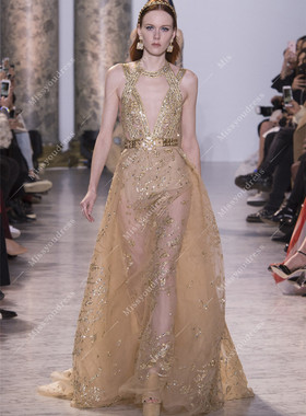 新款香槟金进口珠钻手工打造名媛宴会酒会T台走秀晚礼服新娘礼服