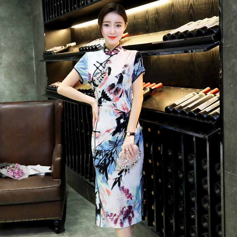 2025夏秋季新款 气质淑女中长款改良旗袍连衣裙 日常女士大码显瘦