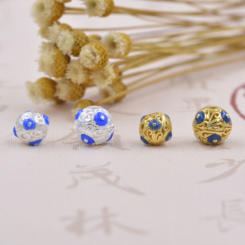 diy纯银烧蓝圆球水晶手链隔珠图片