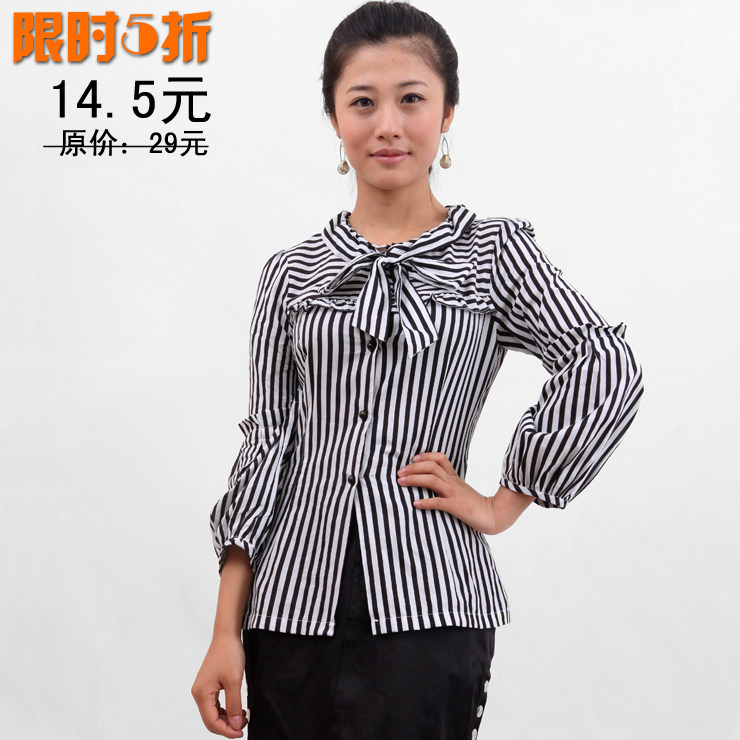 亏本清仓 名媛韩范黑白竖条纹蝴蝶结系带修身棉质七分袖衬衫上衣
