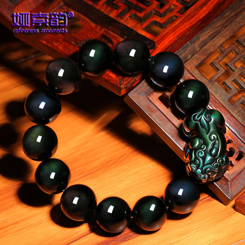 娅索韵天然彩虹眼黑曜石手链男士女黑耀石手饰佛珠貔貅手串手珠