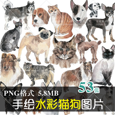 (J151)免抠水彩手绘动物宠物猫咪小狗哈士奇藏獒美化设计PNG素材