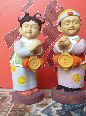 微型上色木雕金童玉女结婚工艺品