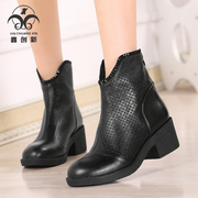 In spring 2015 leather short boots with chunky heels MOM and round cut short boots women's shoes women's boots shoes