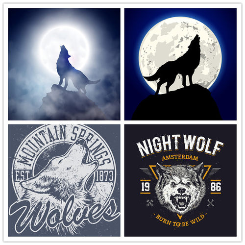 A0386矢量野生动物狼复古欧美插画图案模板 AI设计素材