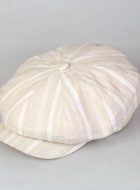 八角帽夏季条纹亚麻单帽子画家帽报童帽英伦贝雷帽男女韩版潮薄款