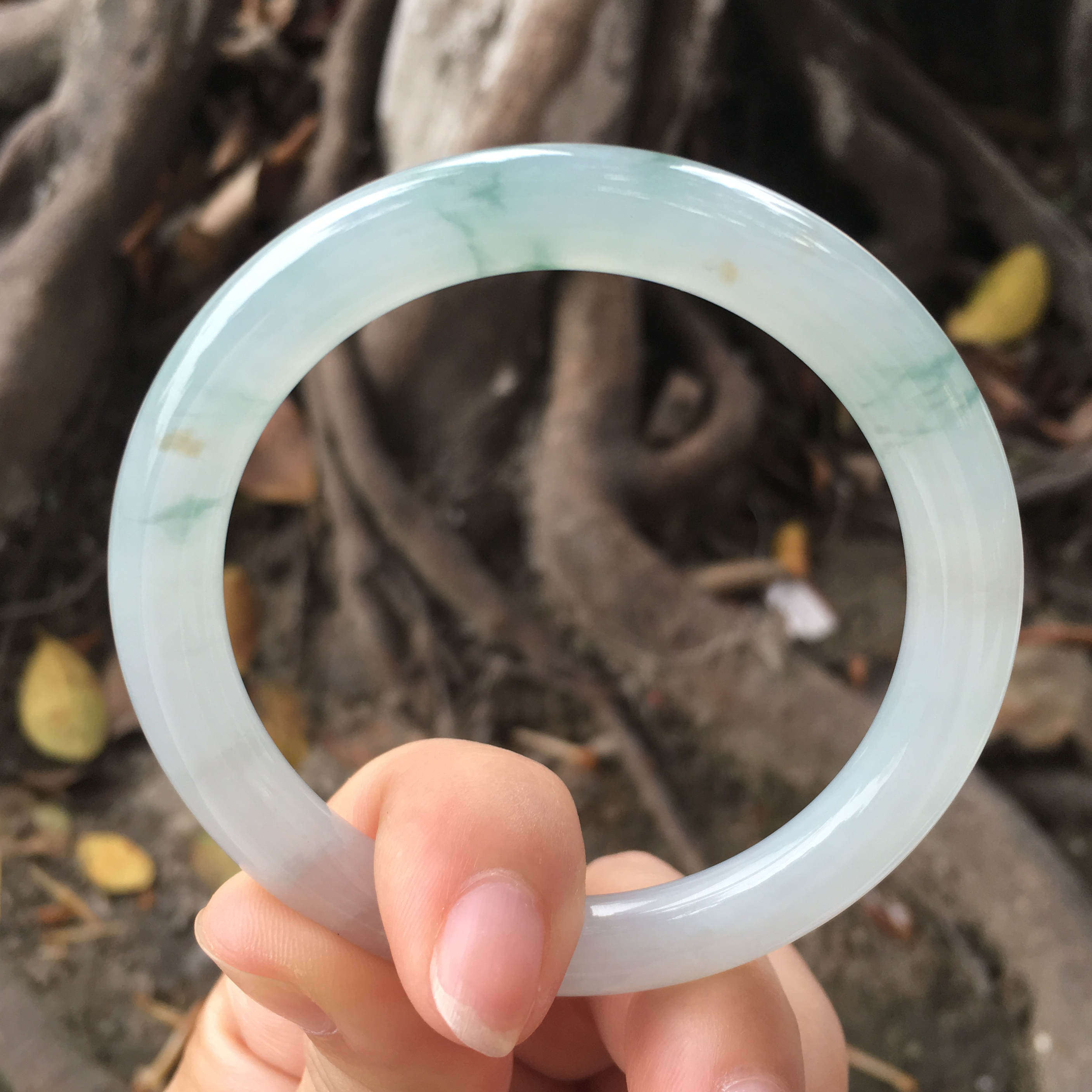老坑冰糯种飘蓝花圆条翡翠手镯