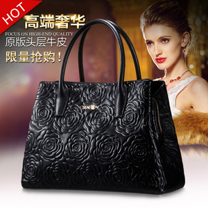 圣诺玛品牌女包真皮黑色2016新款韩版压花中年手提斜挎包头层牛皮