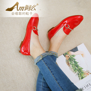 O spring of 2016 metal buckle suede leather patent leather flat, shallow mouth shoes
