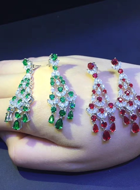925纯银镶嵌锆石耳环耳坠  绿色 红色 晚宴party款