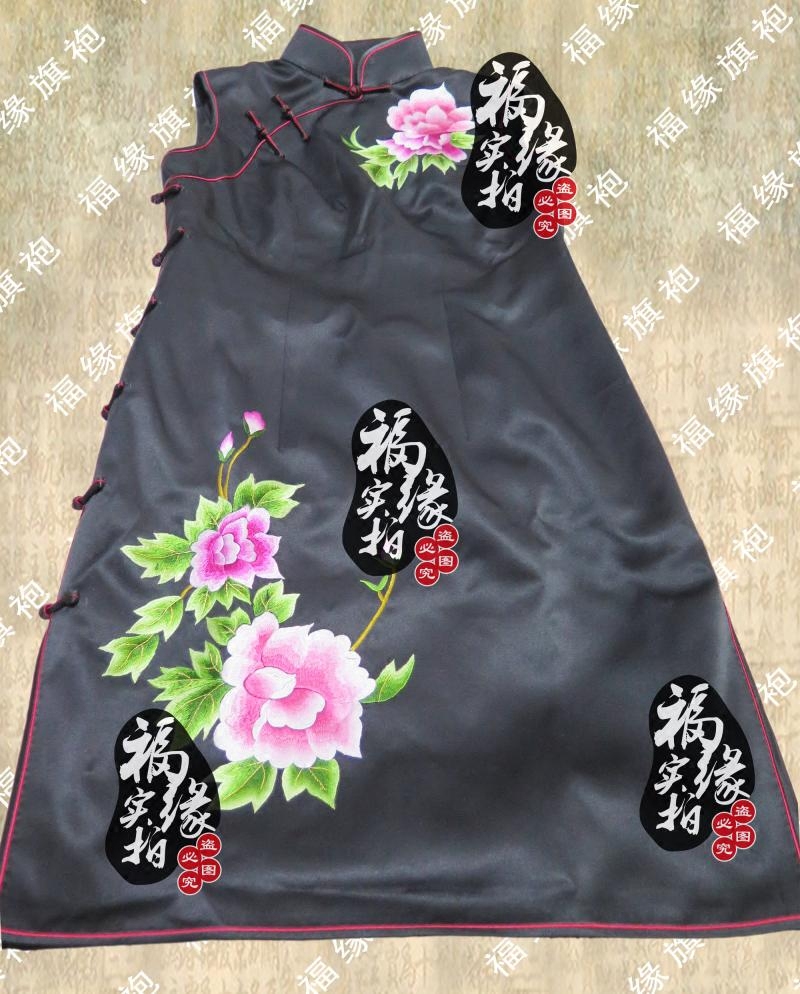 黑色重磅纯手工绣花日常通勤短旗袍裙定做 苏绣牡丹 高端量身定制