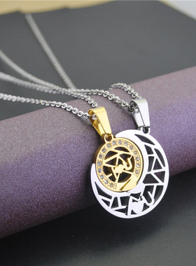 月亮情侣项链欧美风钛钢双层吊坠