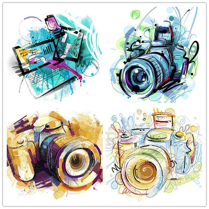 a1442矢量涂鸦风格手绘照相机单反图案笔记本电脑 ai设计素材