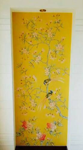 真丝新款手绘玄关背景墙宫廷黄花鸟手工墙纸新中式美式法式背景