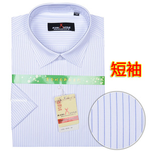 男士白底蓝条纹职业衬衫休闲时尚工作服正装半袖衬衣上班可绣logo