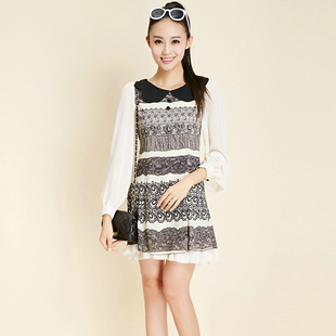 亏本清仓国内品牌撤柜 杉系列甜美波浪领蕾丝印花显瘦雪纺连衣裙