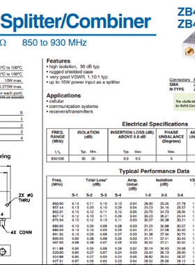 850-930MHz 射频一分四功分器 代替 ZB4PD1-930 Mini-Circuits