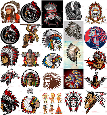 A0213矢量AI设计素材 25张印第安人羽毛头饰T恤印花头像插画