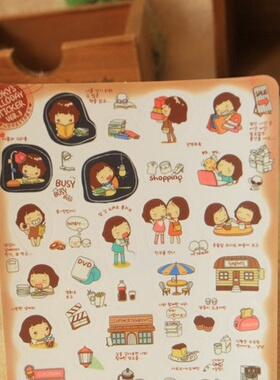 Otaku-韩国饼干女孩贴纸 卡通日记贴纸 相册装饰贴纸 5张/套