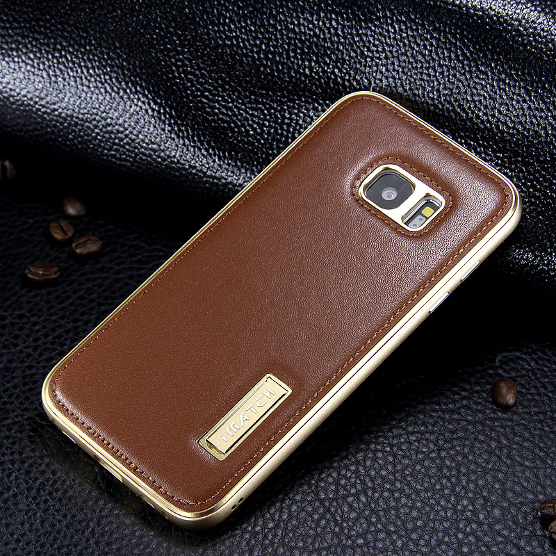 iMatch Luxury Aluminum Metal Bumper Premium Genuine Leather Back Cover Case for Samsung Galaxy S7 Edge